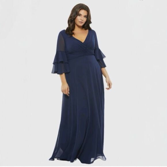 Mac Duggal 67913 Gown Plus Size 24w Chiffon Pleated Long Sleeve Formal Dress NWT - Picture 1 of 15